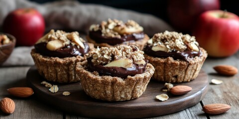 Delicious oat pies filled with creamy whey chocolate paste, complemented by a delightful mix of nuts and apples. Enjoy the perfect combination of oat pies, whey chocolate, and fruits.