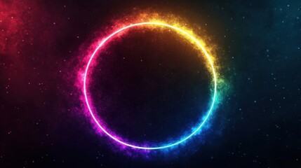 Obraz premium A striking neon light circle radiates vibrant colors against a black background, showcasing a captivating glow that enhances the atmosphere