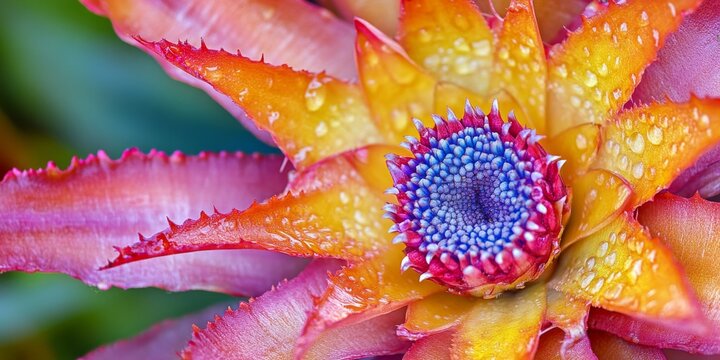 Vibrant close up of an exotic bromelia flower showcasing bright yellow, red, and purple hues, highlighting the tropical pineapple bloom s stunning colors and unique beauty.