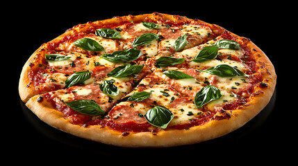 Classic Margherita Pizza with Fresh Basil and Mozzarella on Black Background