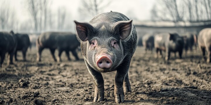 Large black pig on a farm showcases the essence of pig farming, which involves raising and breeding domestic pigs as part of animal husbandry practices. Pig farming is essential in agriculture.