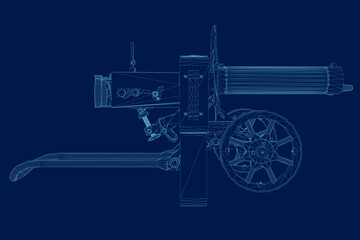Wireframe of the Maxim machine gun. Machine gun isolated on a blue background. View side. 3D. Vector illustration