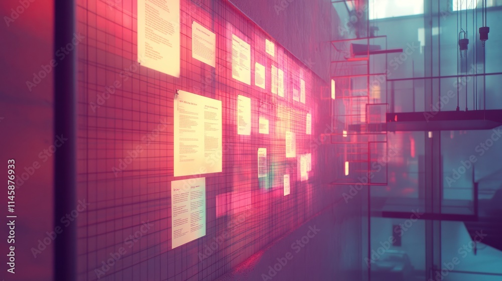 Aufkleber Documents on a wall and architecture in red light.