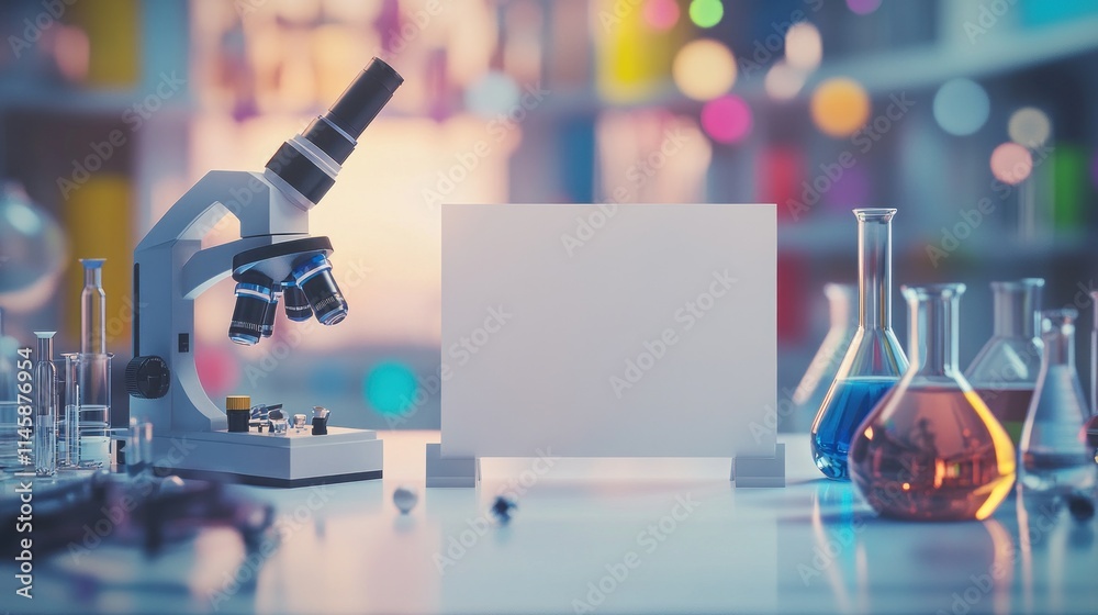 Aufkleber microscope and beakers on a lab table with blank white card.