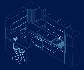 Vector isometric kitchen interior - wireframe illustration