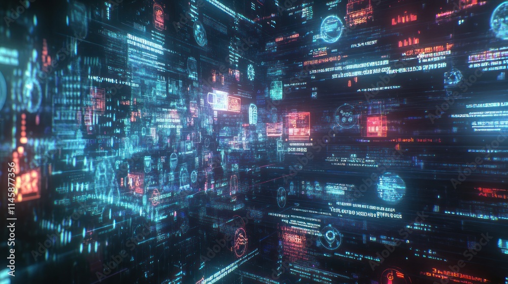 Poster abstract blue futuristic data stream digital tunnel.