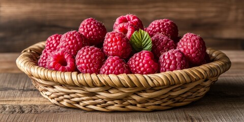 Fresh, juicy raspberries are beautifully arranged in a woven basket, showcasing the vibrant colors and natural appeal of fresh juicy raspberries for a delightful culinary experience.