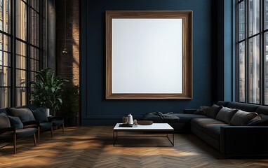 Dark blue living room with large empty frame, modern furniture, and sunlight.