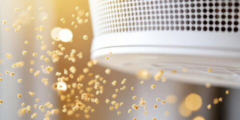 Close view of an air filter designed for home use, showcasing pollen particles that can help in providing relief for asthma and allergy sufferers.