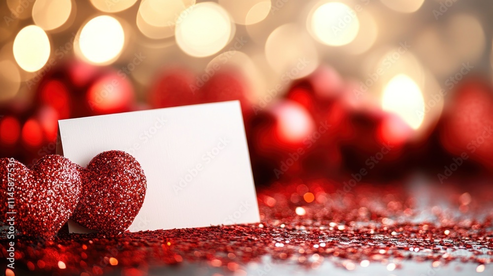 Poster red glitter hearts and blank card with bokeh background.