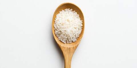 Rice in a wooden spoon displayed on a white background, showcasing the texture and appeal of rice as a versatile ingredient. This rice highlights its culinary potential beautifully.