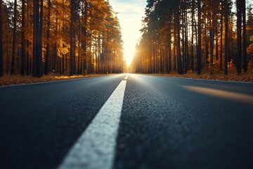 Autumn sunset illuminating a quiet road lined with trees in a serene forest setting