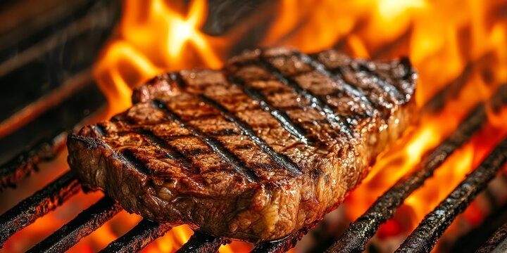 Delicious steak on the grill with vibrant flames creates an enticing scene. Succulent steak grilling delights the senses, as the flames dance around this mouthwatering steak dish. - Powered by Adobe