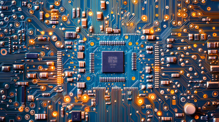 Close-Up of an Illuminated Circuit Board with a Central Processor Unit

