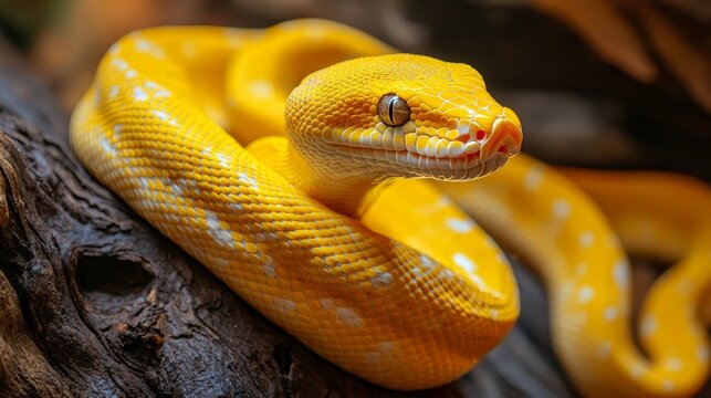 Stunning golden yellow Python snake showcasing its vibrant scales and unique beauty, this golden yellow Python snake captivates with its striking appearance in a natural setting.
