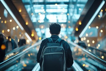 Naklejka premium Person with backpack travels down escalator in modern urban setting during evening hours