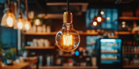 Close up of an antique lightbulb showcasing its unique design in a cozy coffee shop, highlighting the charm and character of the antique lightbulb in a warm ambiance.