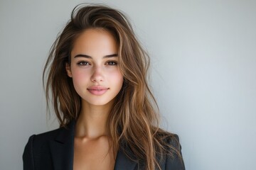 Fototapeta premium Young woman with long hair poses against a plain background in a stylish blazer, exuding confidence and elegance
