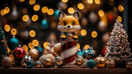 Festive Fox Ornament in Christmas Setting with Bokeh Lights
