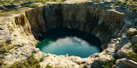 Naklejka premium Sinkhole or open pit along the shoreline when water levels are at their lowest, showcasing the unique geological features of a sinkhole in this captivating environment.