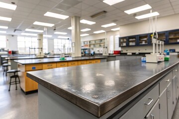 steel top with blurred empty science lab room background can be used for mocking up or display product to make advertising.	
