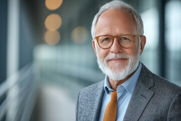 Naklejka premium Senior professional smiling confidently in a modern office corridor during the daytime