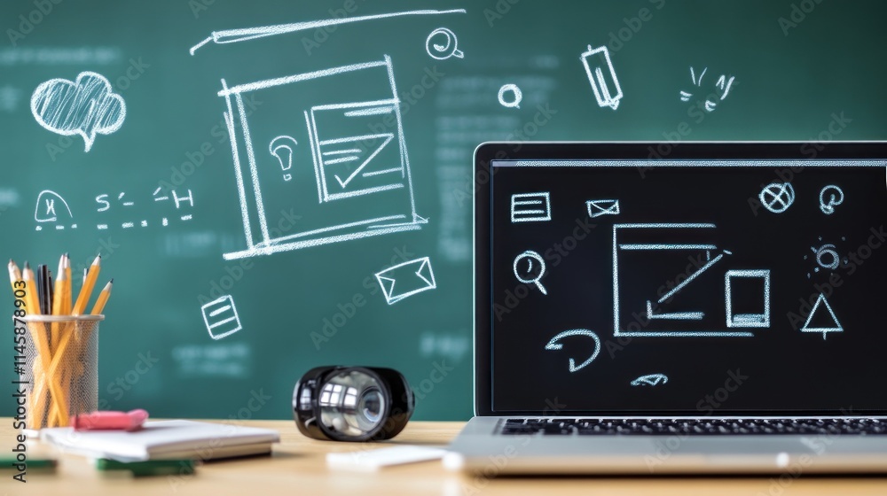 Poster open laptop with sketches on screen, desk with pens, notepad, blackboard background.