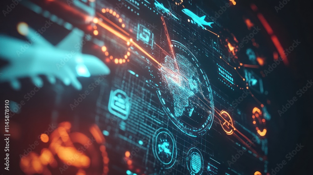 Poster Glowing digital data interface with planes.