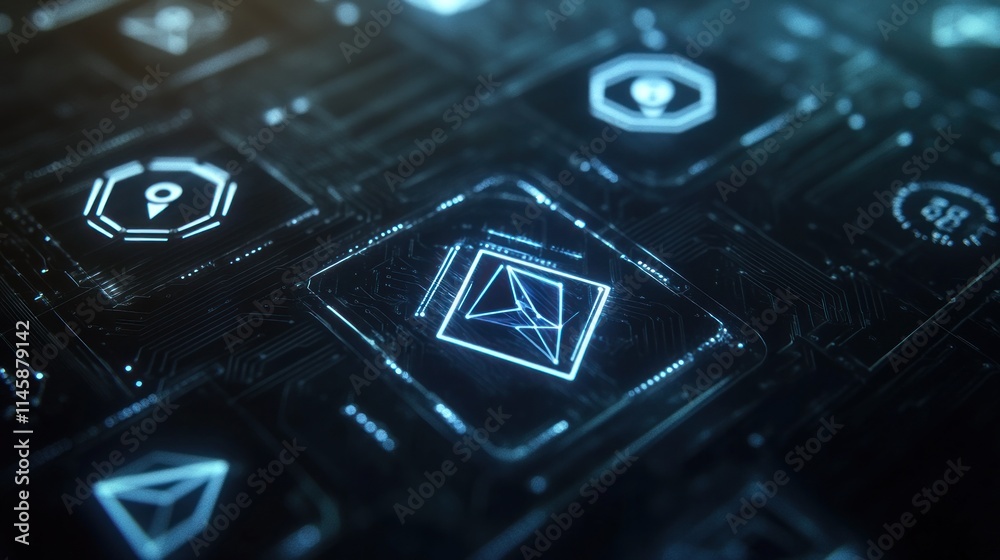 Poster close-up of futuristic digital icons on circuit board.