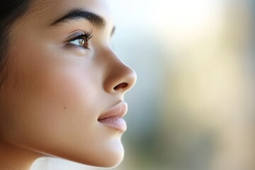 Fototapeta premium Profile of a young woman gazing thoughtfully outdoors during daylight hours