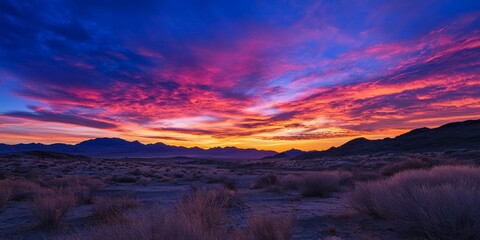 Stunning desert sunset showcasing vibrant colors and serene landscapes, creating an enchanting atmosphere that embodies the captivating beauty of a desert sunset.