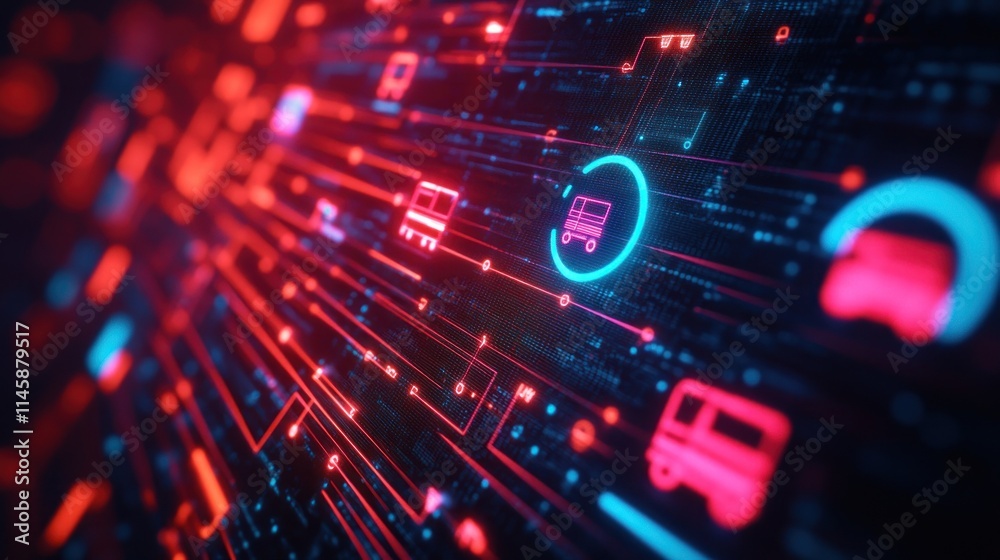 Poster networked bus icons with glowing red and blue lines.