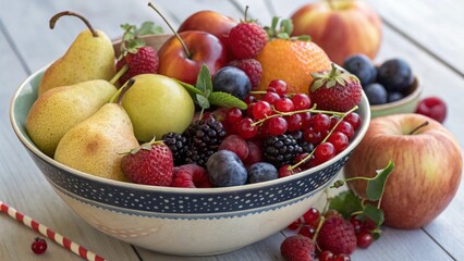 summer fruit plates for picnic, table setting with a variety of fruits, for advertising, poster, banner, calendar