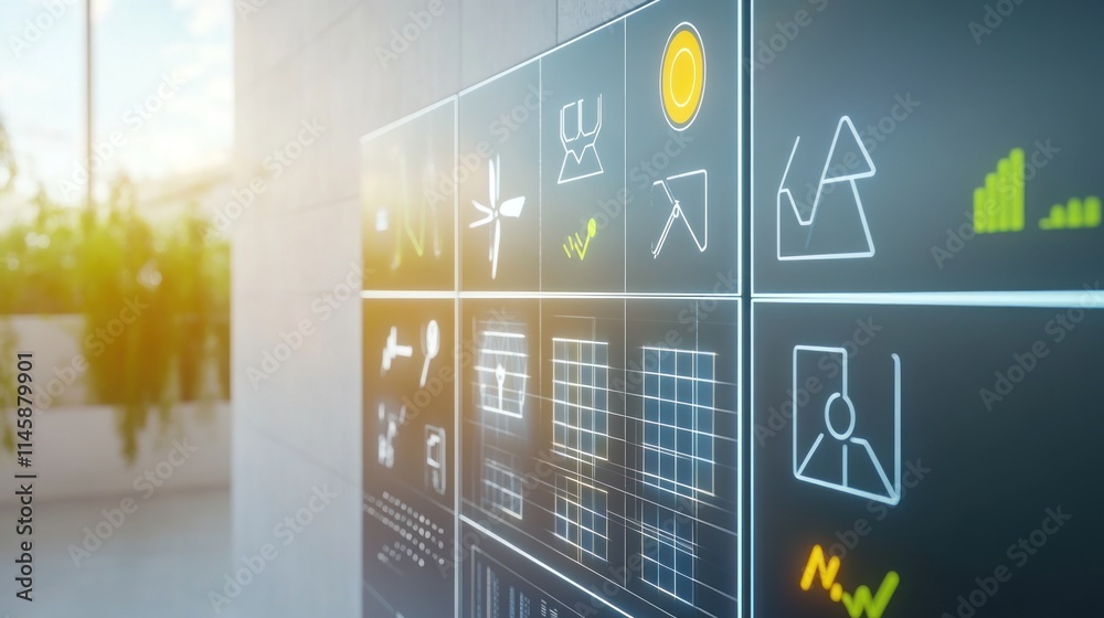 Poster wall display with technology icons in bright indoor space.