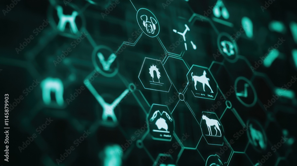 Poster glowing turquoise animal icon network connecting nodes on a dark background.
