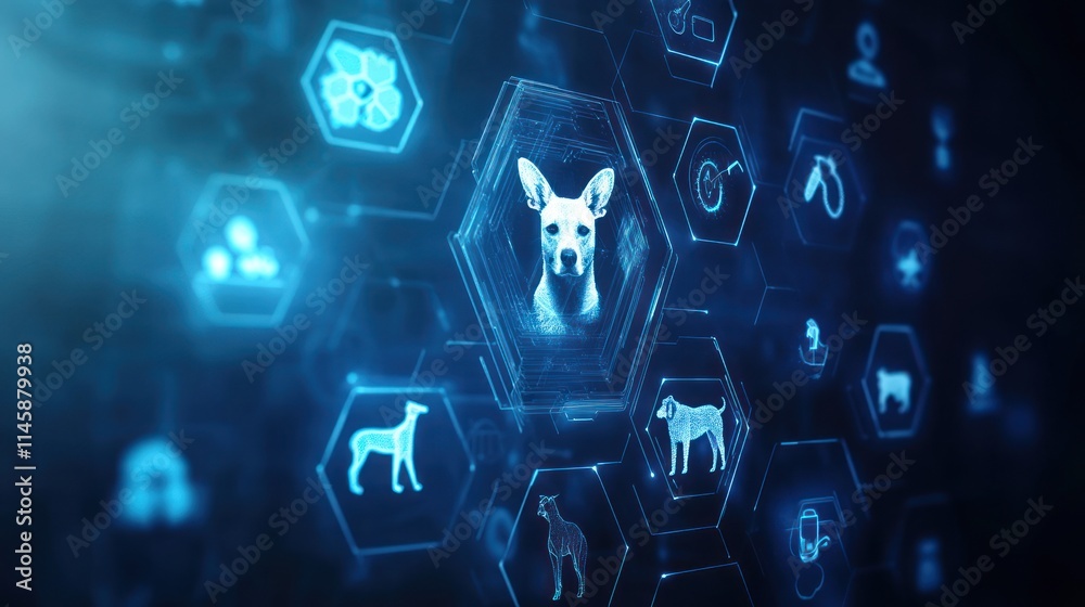 Poster Glowing dog icons in connected network, tech interface.
