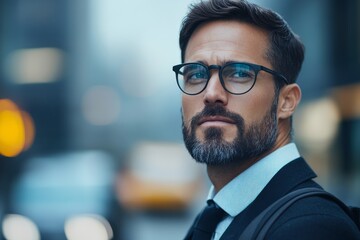 Fototapeta premium Confident businessman posing on a bustling city street during a cloudy afternoon