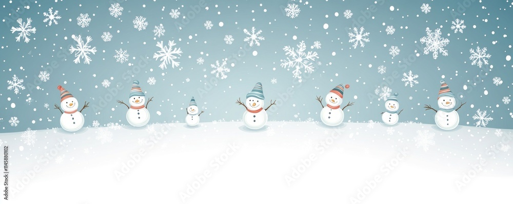 Poster seven snowmen in snowy scene with snowfall.