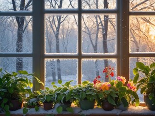 Fototapeta premium snowy trees stand behind house plants growing windowsill cold winter months