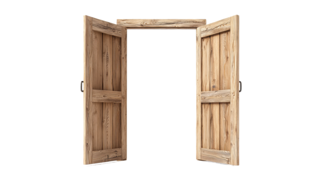 Open wooden doors with transparency background architectural design studio setting rustic aesthetic