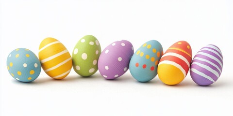 Fototapeta premium Colorful wooden Easter eggs displayed in isolation on a white background, highlighting the festive charm of wooden Easter eggs. Perfect for celebrating the spirit of Easter with wooden eggs.
