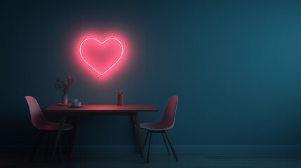 cozy dining area featuring wooden table and pink chairs, illuminated by glowing heart shaped neon sign on teal wall, creating romantic atmosphere
