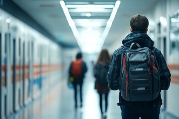 Fototapeta premium Young traveler with backpack walking through modern underground station with commuting crowd at early evening
