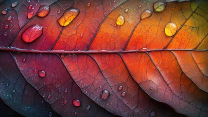 Fototapeta premium Closeup of autumn leaf with dewdrops nature scene macro photography colorful background natural beauty