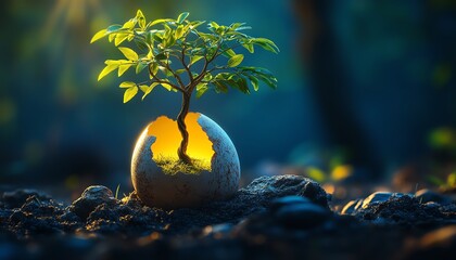 Tree sprouting from a cracked egg, glowing from within, symbolizing new life and growth, against a dark blue backdrop, mystical illumination, highdefinition details