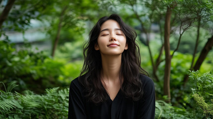 Naklejka premium 20s Asian woman meditating with eyes closed in park