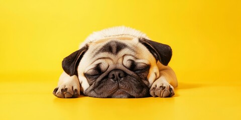 A lazy little pug dog comfortably rests its head on the floor, peacefully sleeping against a cheerful yellow background, embodying the essence of a lazy little pug dog at ease.