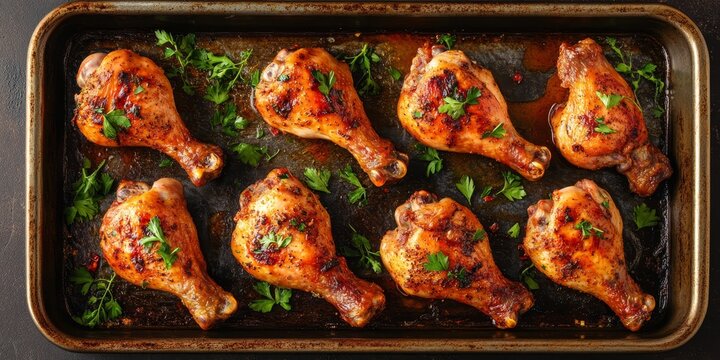 Baked chicken legs arranged on a metal baking sheet, showcasing deliciously cooked baked chicken legs, perfect for a rustic dining setting and appetizing meal presentation.