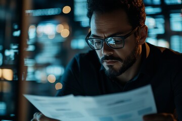 Man reading documents while surrounded by digital screens in a modern workspace during evening hours