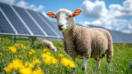 Obraz premium Renewable energy action sheep grazing at a solar energy farm in nature vibrant landscape viewpoint for sustainability